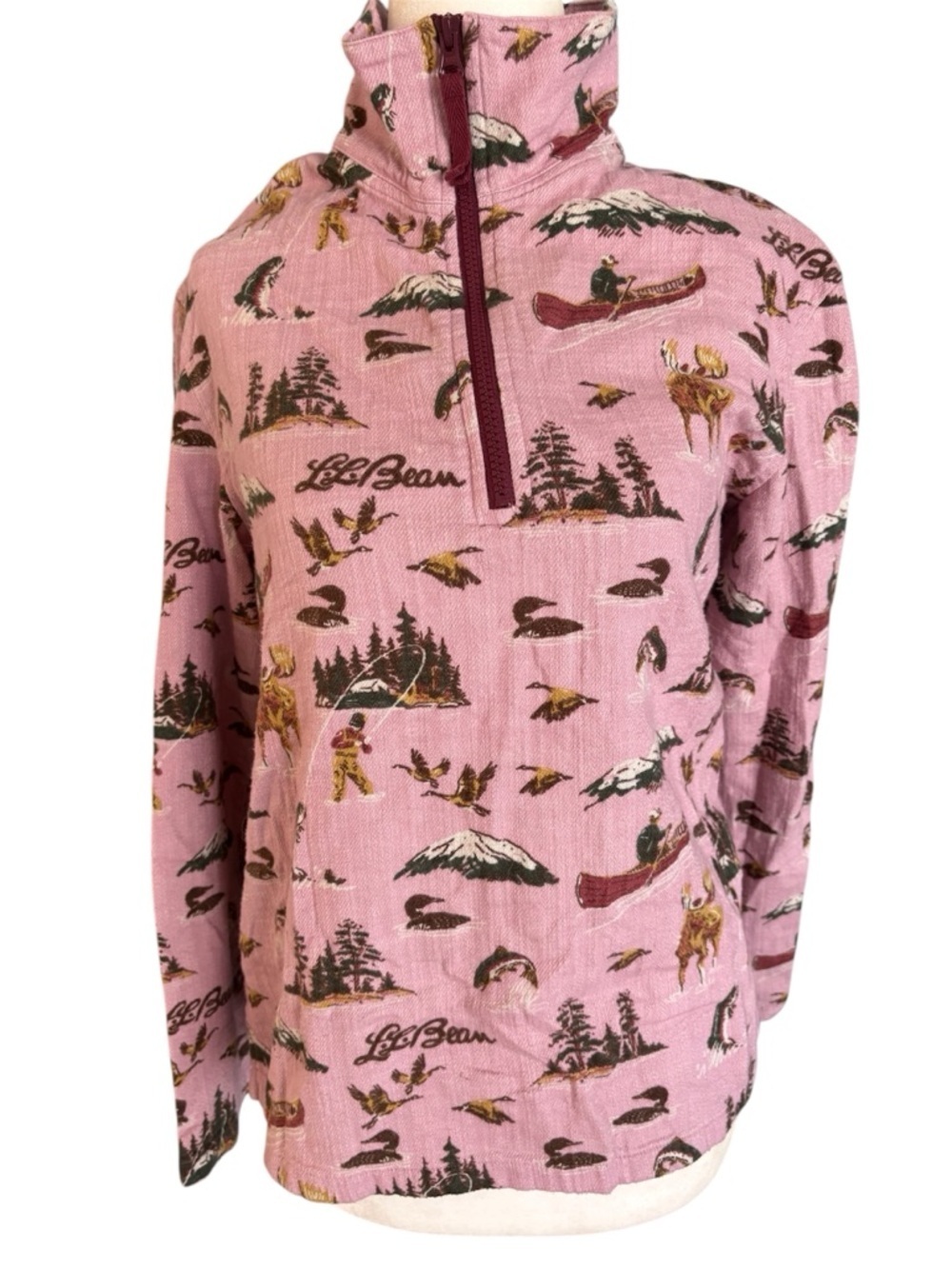 L.L. Bean Pink Nature inspired Print Half-Zip Pullover